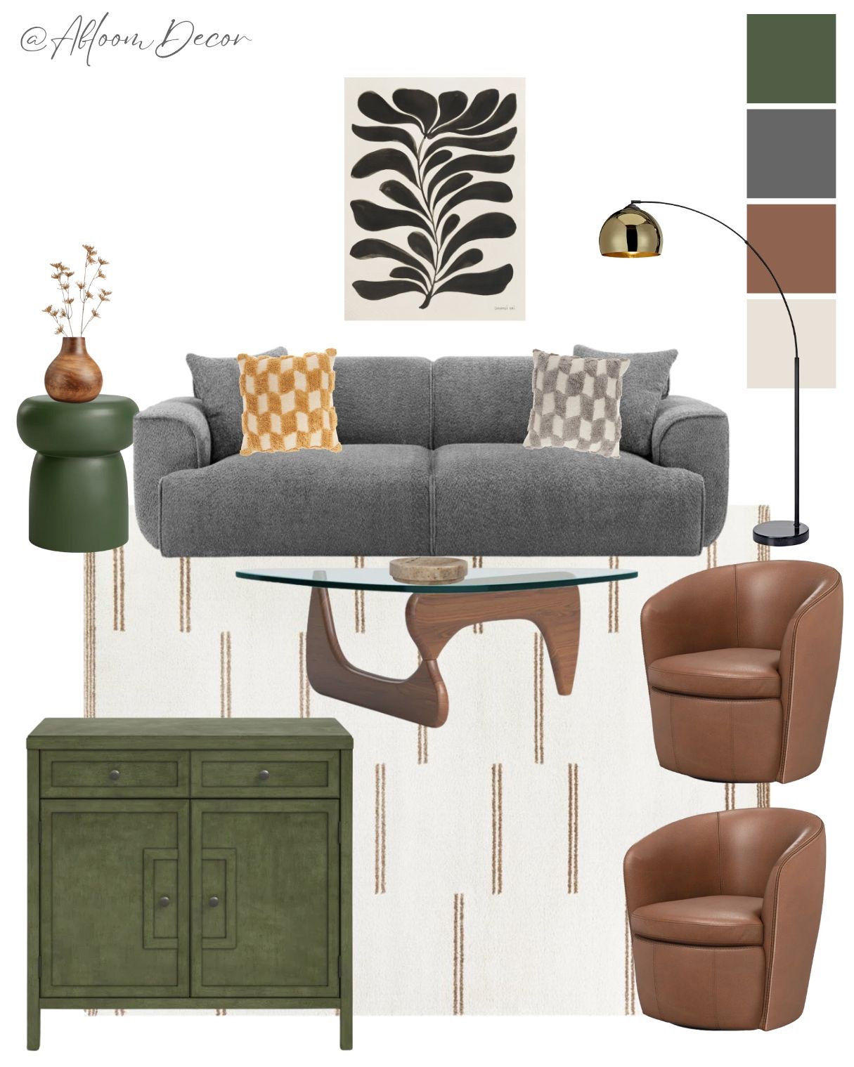 This modern living room blends earthy greens, rich browns, and cozy grays for a warm yet sophisticated look.

#LTKHome