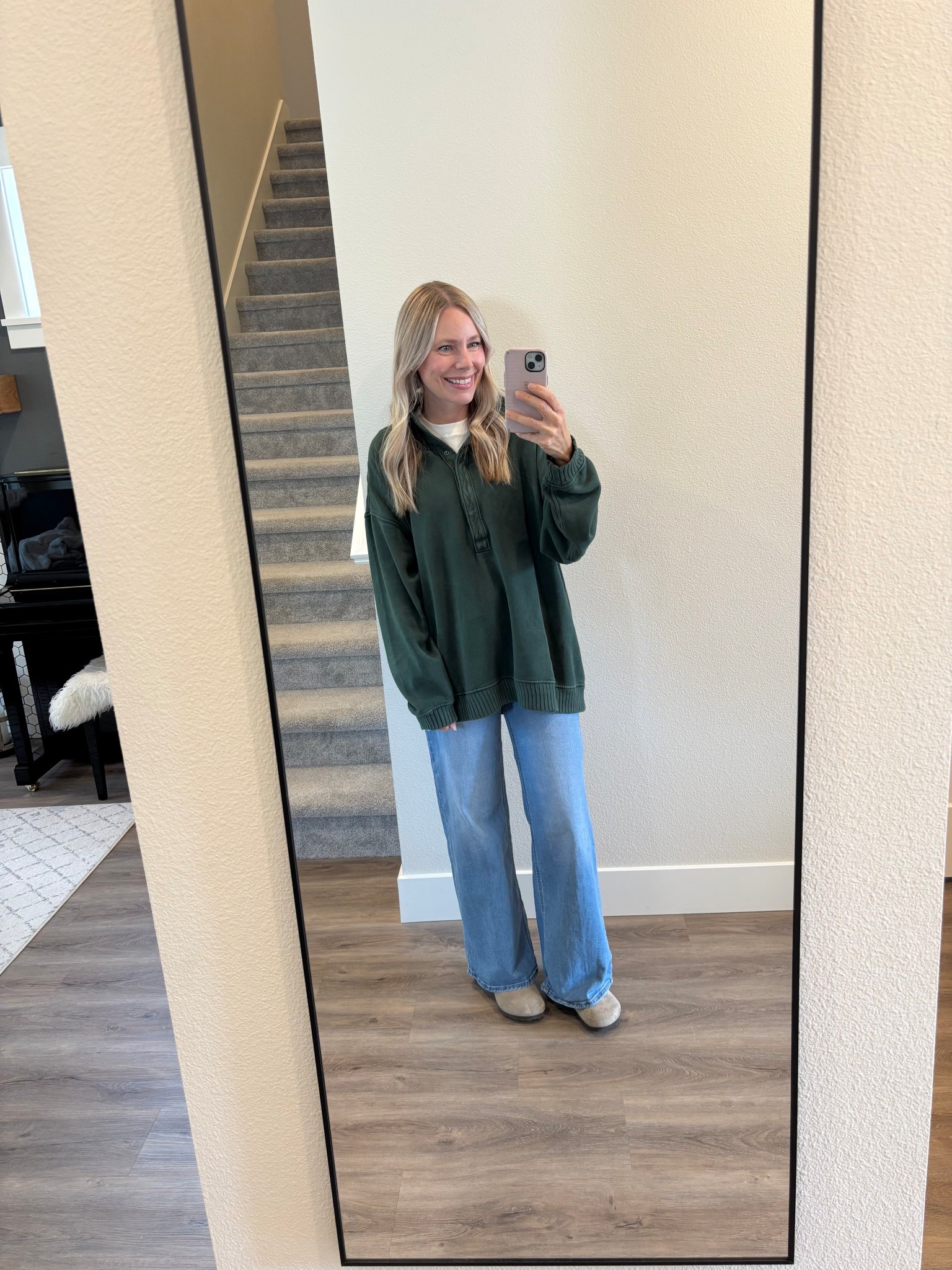 Fridays ootd. I bought this sweatshirt last year in grey & loved it so much! So I wanted a new color and it’s slight updated - longer length and will be perfect for leggings too! These jeans are fantastic and only $28. My layering tee is a favorite and I recently bought a second one. Plus my Birkenstocks clogs. Perfect for Fall!

#LTKStyleTip #LTKParties #LTKTravel