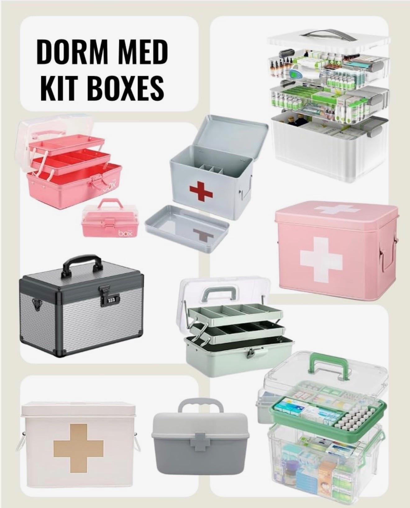 Dorm medicine kit box ideas for college students. Organize first aid supplies, cold medicine, pain relievers, bandages, and everyday health essentials with portable storage containers that fit easily in a dorm room.

#LTKU #LTKHome #LTKselfcare