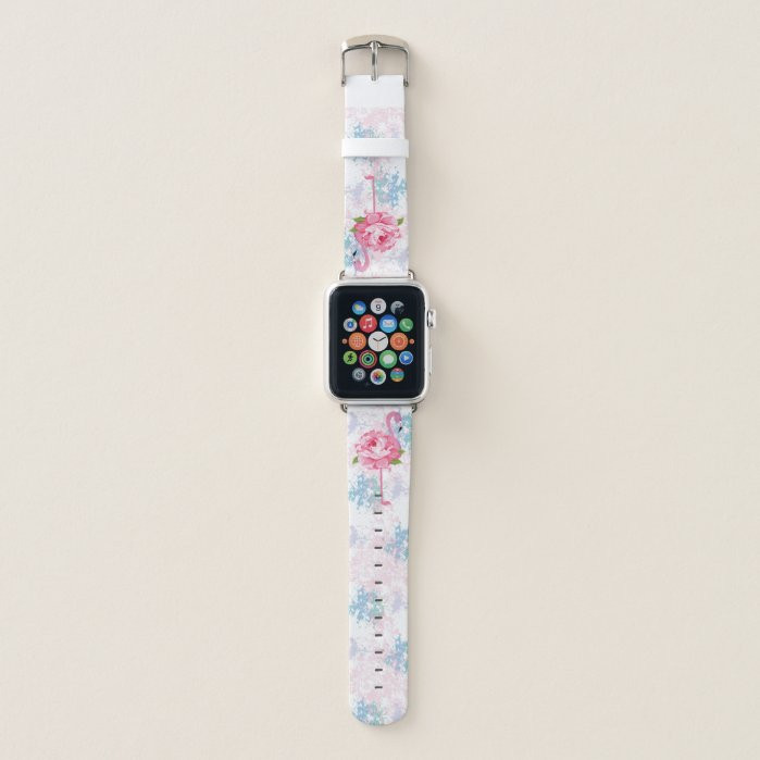 Cute Pink flamingo Floral design Apple Watch Band, Adult Unisex, Size: 38mm, Pink / Lavender / Steel | Zazzle