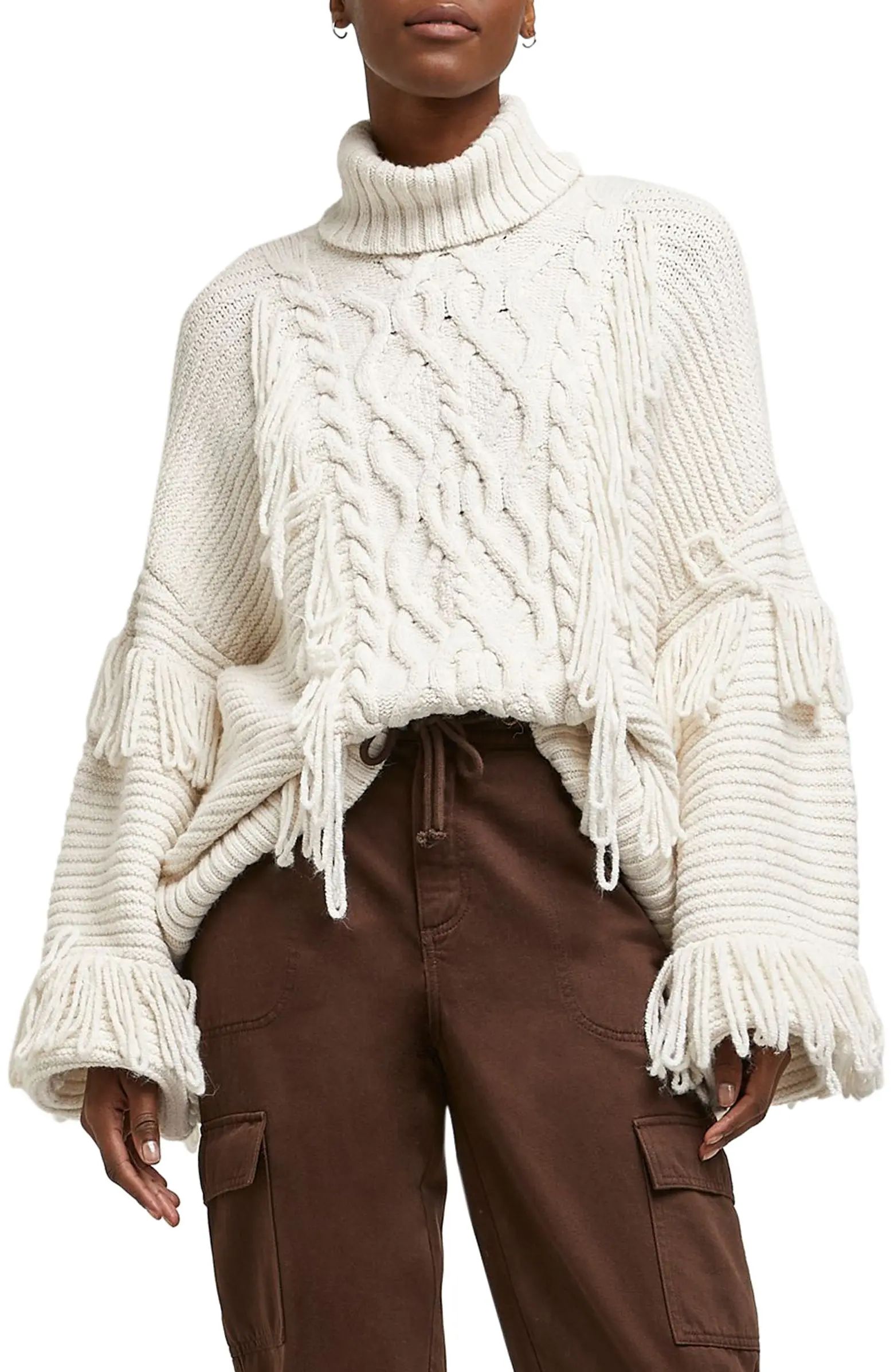 River Island Fringe Cable Knit Turtleneck Sweater | Nordstrom | Nordstrom