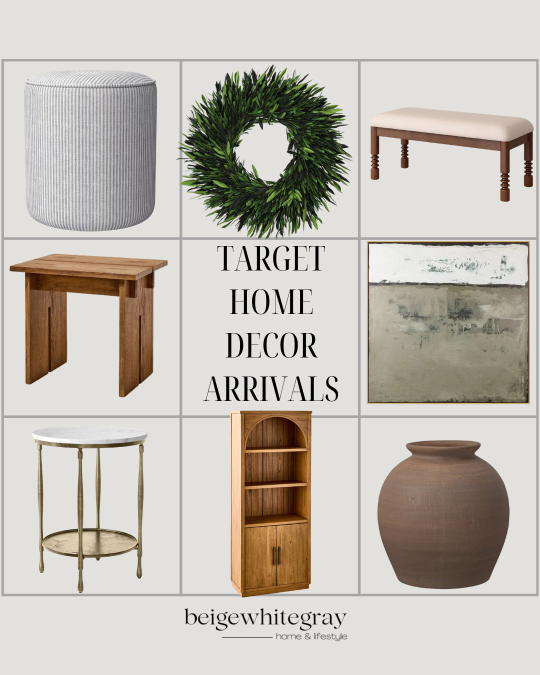 Target Home Decor Arrivals, target home decor, target finds, target new arrivals, accent stool, woven ottoman, decorative wreath, abstract wall art, side table, round marble table, wood bookshelf, decorative vase, neutral home decor, modern home decor, affordable home decor, living room decor, entryway decor, home accessories, trending home decor, target furniture, beige home decor

#LTKSeasonal #LTKHome #LTKSaleAlert