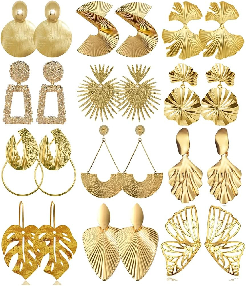 12 Pairs Gold Silver Geometric Earrings Exaggerated Statement Earrings Punk Stylish Sectored Twis... | Amazon (US)