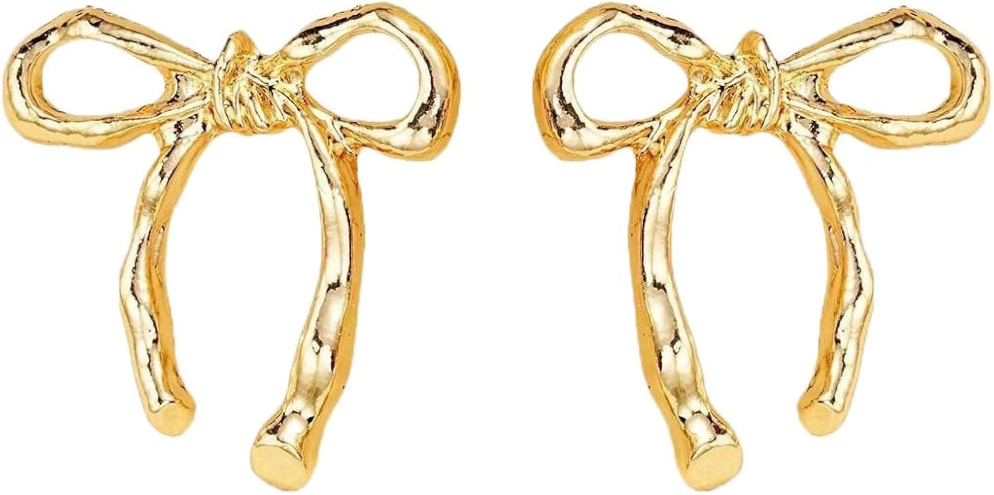 Gold Plated Bow Earrings Trendy Tiny Bow Glossy Stud Earrings for Women | Amazon (US)