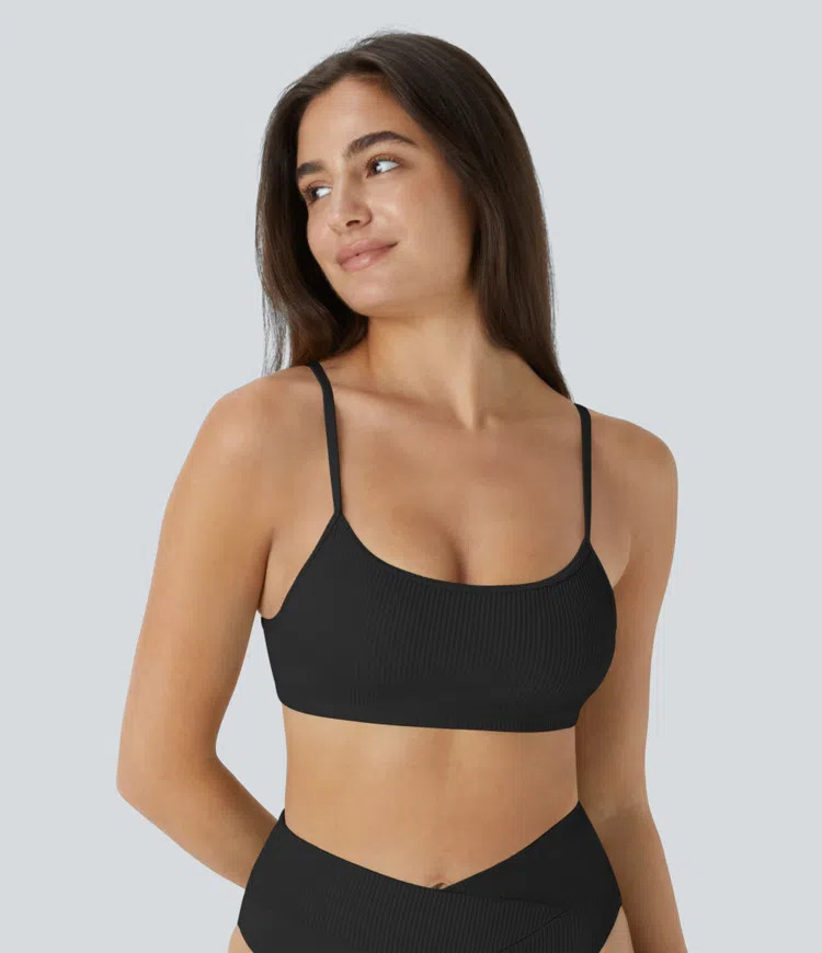 Women’s Ribbed Adjustable Strap Backless Bikini Top Swimsuit - Halara | HALARA