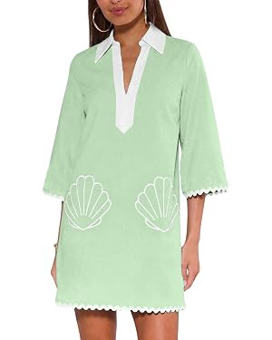 Summer Dresses for Women Shell Embroidered Loose Mini Dress, Boho V-Neck 3/4 Sleeve Contrast Wave... | Amazon (US)