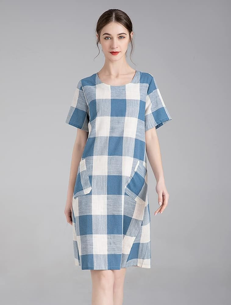 FTCayanz Women's Linen Shirt Dresses Summer Casual Short Sleeve Plaid Tunic Midi Dress | Amazon (US)