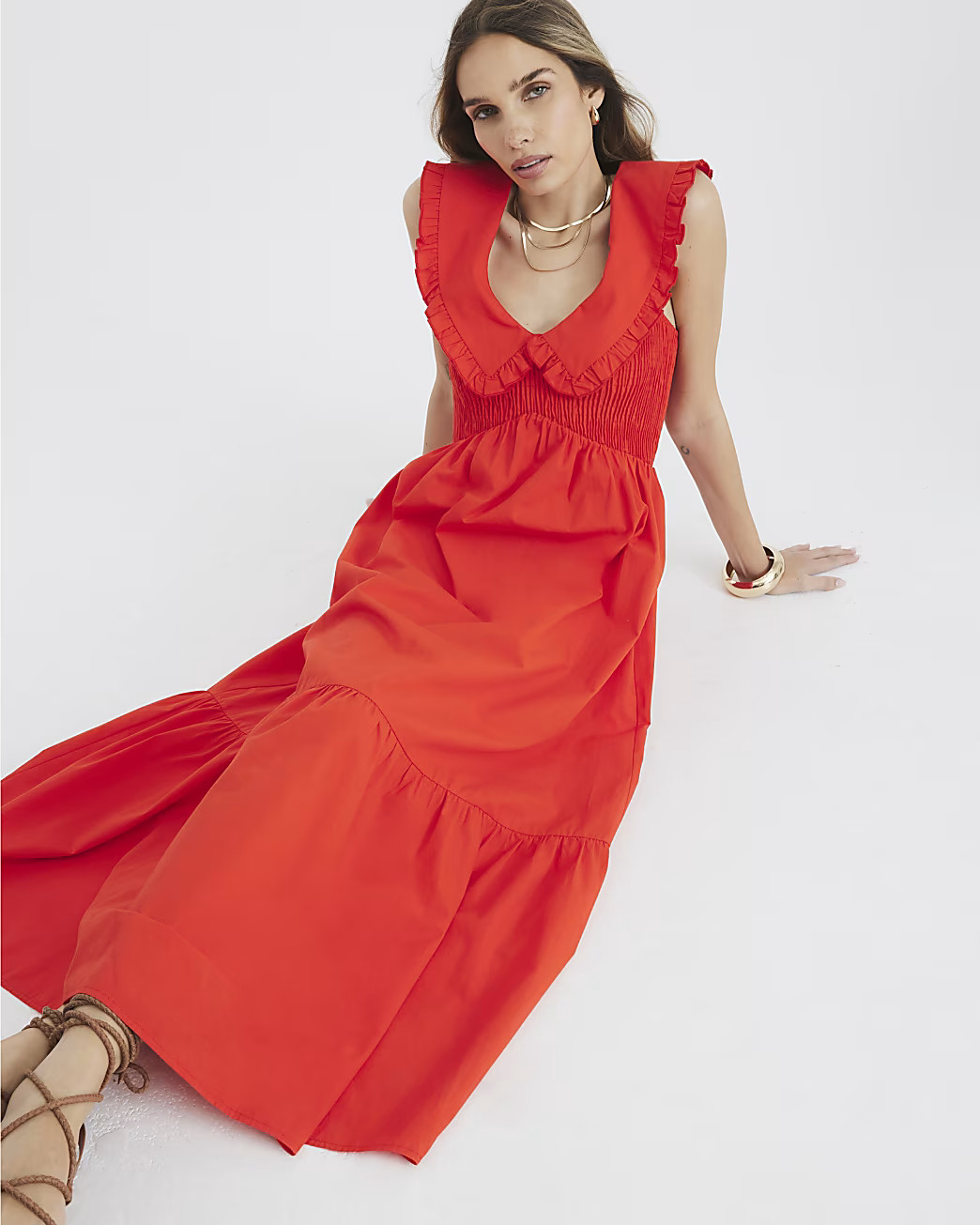 Red Ruffle Collar Shirred Maxi Dress | River Island UK & IE