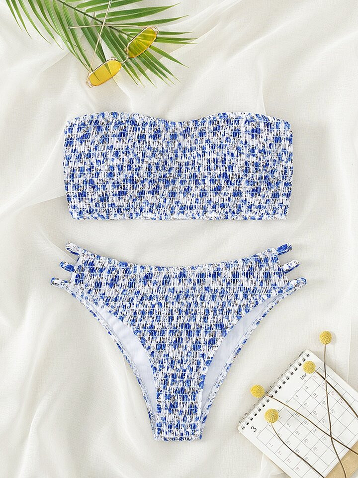 Swim Mod Summer Beach Ditsy Floral Bikini Set Smocked Cut Out Bandeau Bra & Bikini Bottom 2 Pieces Bikini | SHEIN