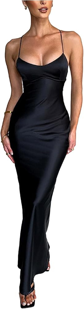 xxxiticat Women's Slip Maxi Dress Sleeveless Open Back Backless Lace Up Bandage Criss Cross Merma... | Amazon (US)