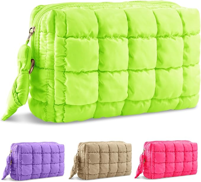 Puffer Quilted Makeup Bag Cosmetic Bags,Puffy Travel Toiletry Pouch for Women,Cute Checkered Zipp... | Amazon (US)