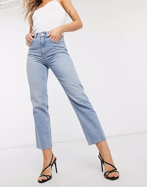 ASOS DESIGN high rise stretch 'slim' straight leg jeans in lightwash | ASOS (Global)