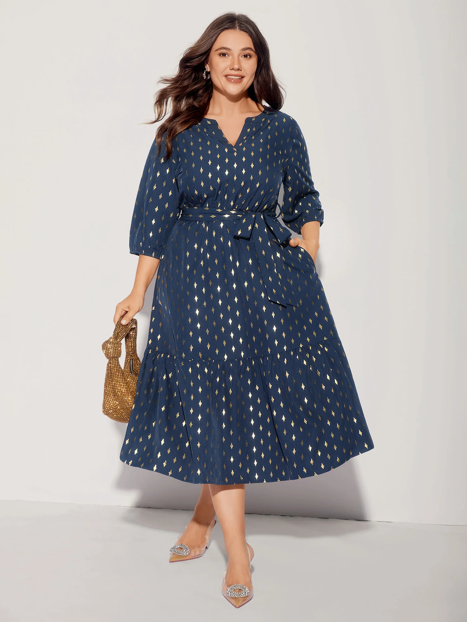 Glitter Notched Lantern Sleeve Midi Dress | Bloomchic