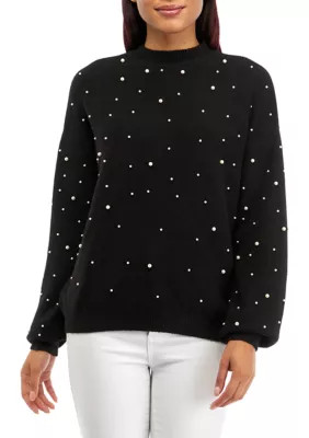 Crown & Ivy Women's Pearl Jeweled Sweater, Black, Small | Belk