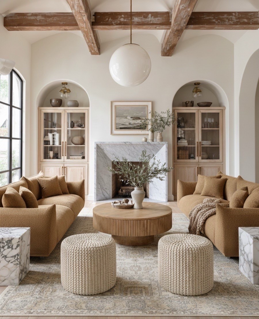Warm tones meet organic textures in this cozy modern living room. The caramel boucle sofas create a soft, sculptural base for the space, while the fluted wood coffee table adds warmth and dimension. Layered neutrals in the woven poufs, vintage-style rug, and marble side tables keep the look refined yet inviting. Natural oak built-ins frame the marble fireplace, tying in beautifully with the exposed wood beams and soft arched details. Styled with simple ceramic vases, olive branches, and neutral artwork for that effortless organic modern feel. 

#LTKSaleAlert #LTKHome