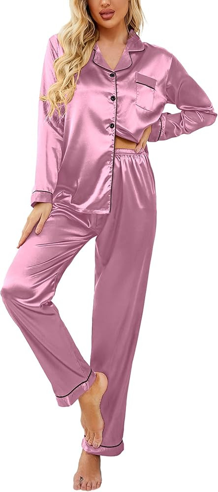 Ekouaer Women's Classic Button Down Long Satin Silk Pajama Set | Amazon (US)
