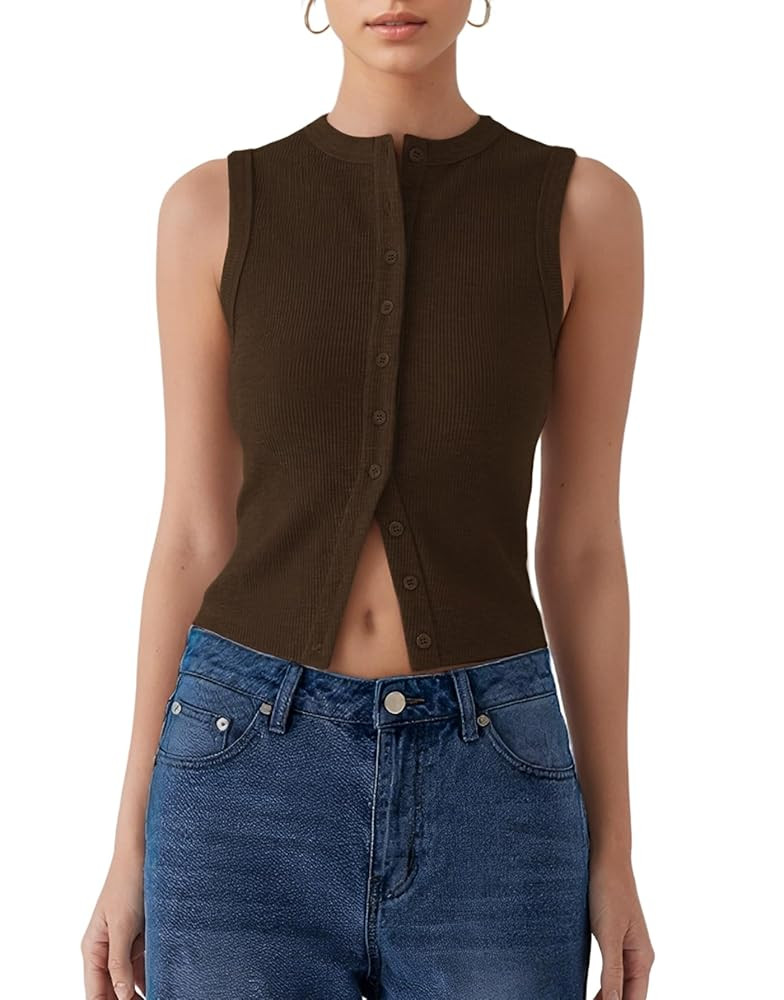 Women’s Button Down Tank Tops Sleeveless Ribbed Crop Summer Button Up Crewneck Vest Shirt Going... | Amazon (US)