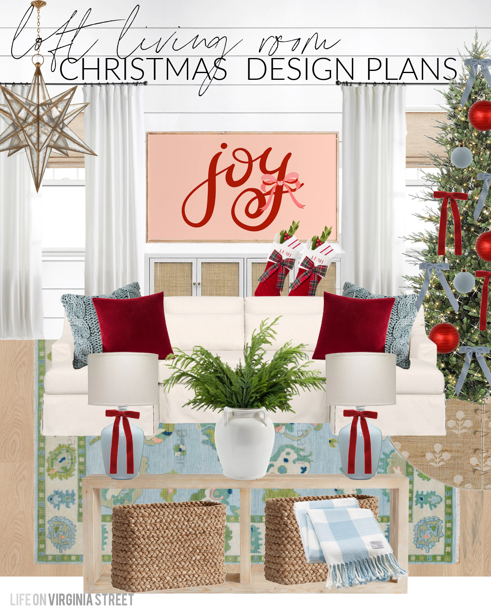 Christmas decor design plans for our upstairs loft! Includes a linen slipcovered sectional, colorful oushak rug, red velvet pillows, dusty blue cableknit pillows, faux greenery, a pre-lit 9' Christmas tree, blue velvet ribbon, red velvet ribbon, a Moravian star chandelier, woven window shades, a block print tree skirt, plaid and quilted velvet stocking, rattan cabinet, Etsy TV art, and a buffalo check throw blanket. See all of my Christmas design boards here: https://lifeonvirginiastreet.com/2024-christmas-design-boards/ #ltkholiday #ltkhome #ltksalealert #ltkfindsunder50 #ltkfindsunder100 #ltkstyletip #ltkseasonal 

 #LTKHoliday #LTKHome #LTKSaleAlert