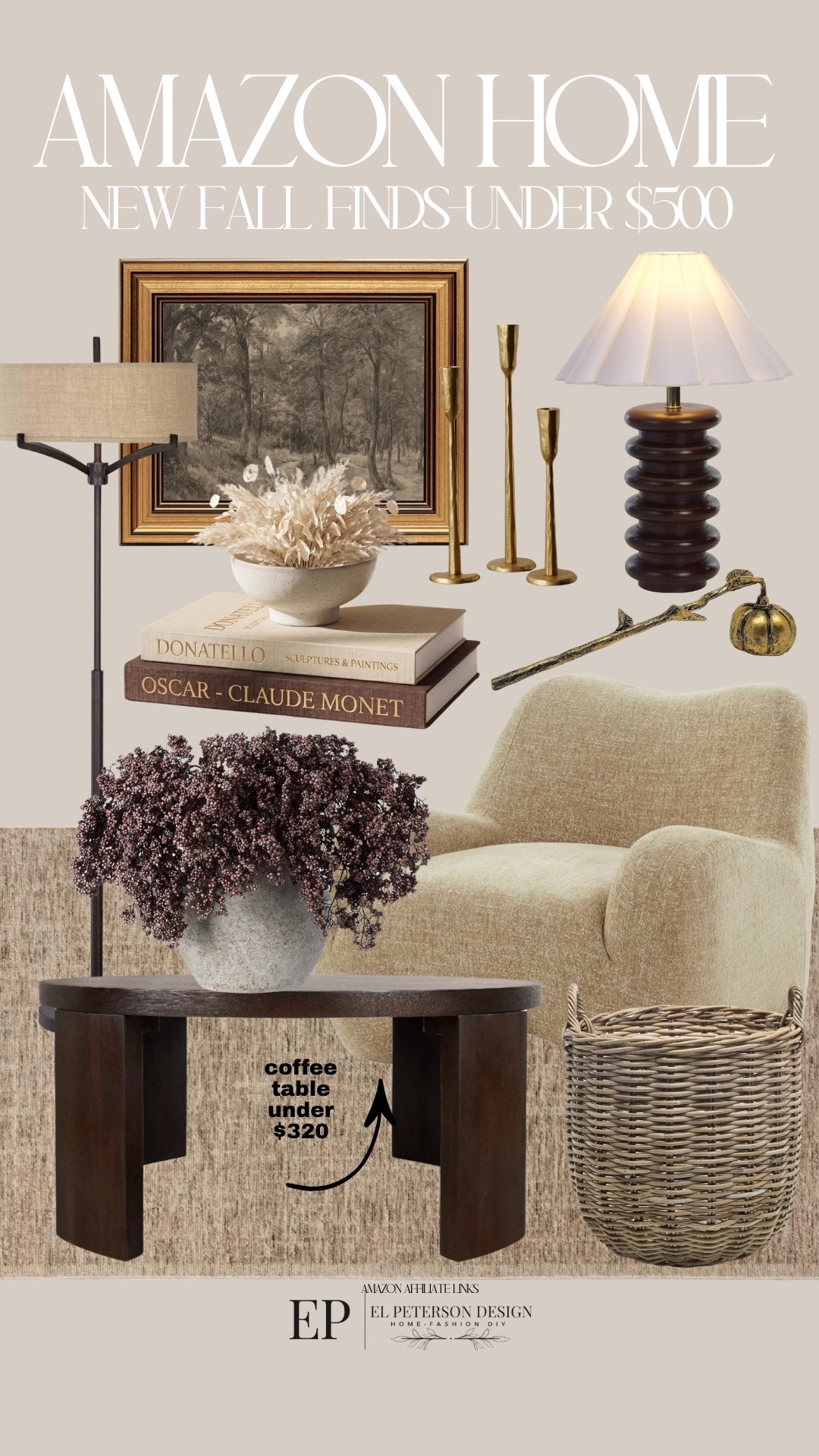 Amazon 
Accent chair
Table lamp
Stems
Decorative books
Floor lamp
Artwork
Coffee table 
Artwork

#LTKHome