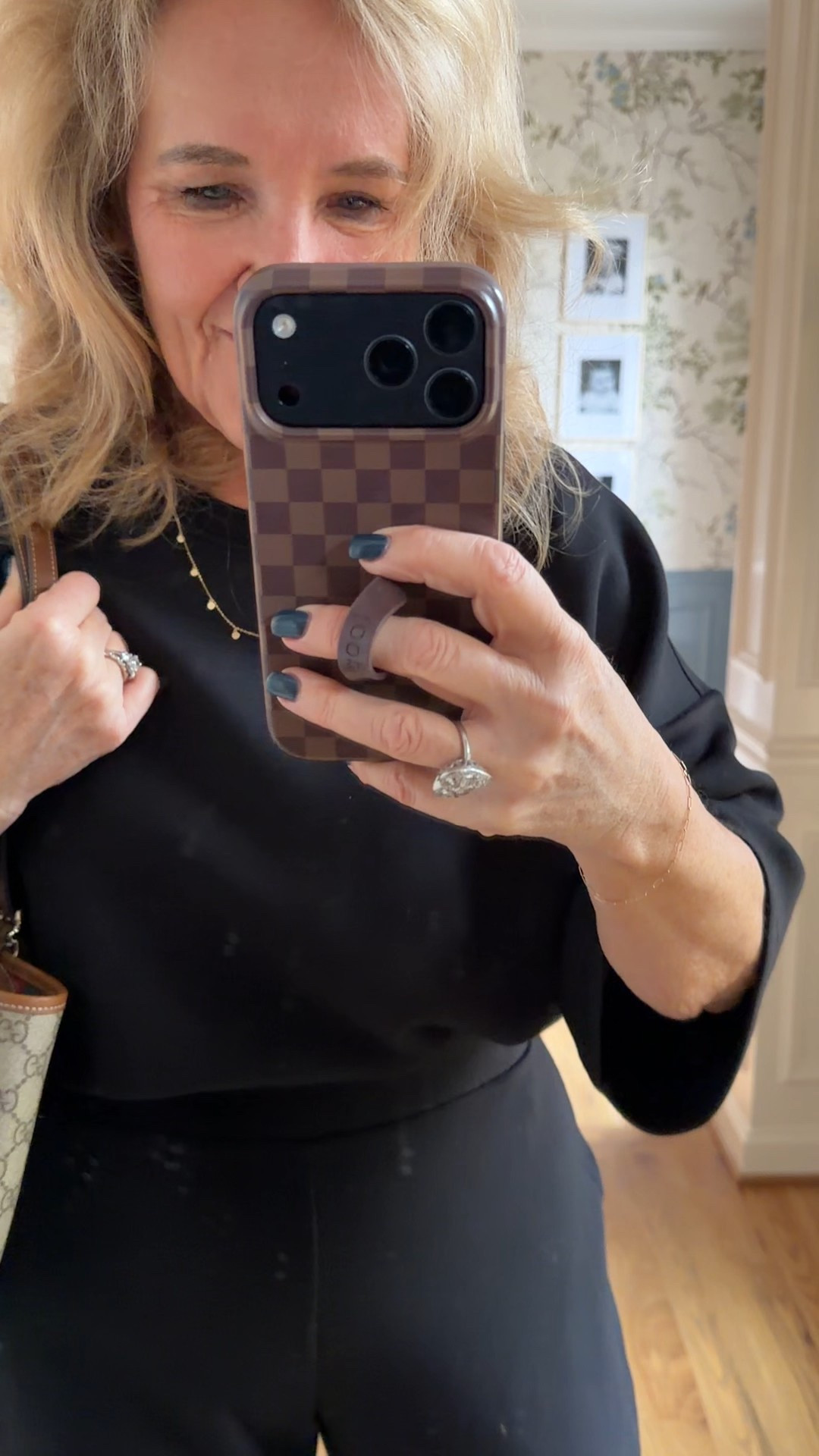 Off to my daughters for Christmas brunch. 
Spanx relaxed tee size medium and spanx barrel pants size medium petite. My left foot is bugging me so I’m giving it a rest in my hookah. They’re my favorite running walking shoe and if my feet need recovery.

Oh ya. And my new Gucci bag  

#LTKOver40 #LTKTravel #LTKGiftGuide