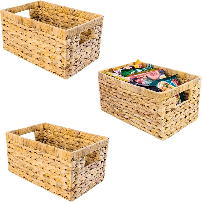 Set of 3 Wicker Storage Basket, Water Hyacinth Storage Baskets, Wicker Storage Baskets for Shelve... | Amazon (US)