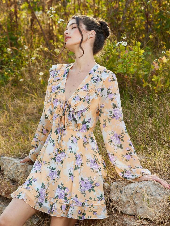 Aveloria Rosie Floral Print V-Neck Tie Waist Ruffle Trim Mini Dress For Women Boho Vacation FashionableStyle For Spring Fall | SHEIN