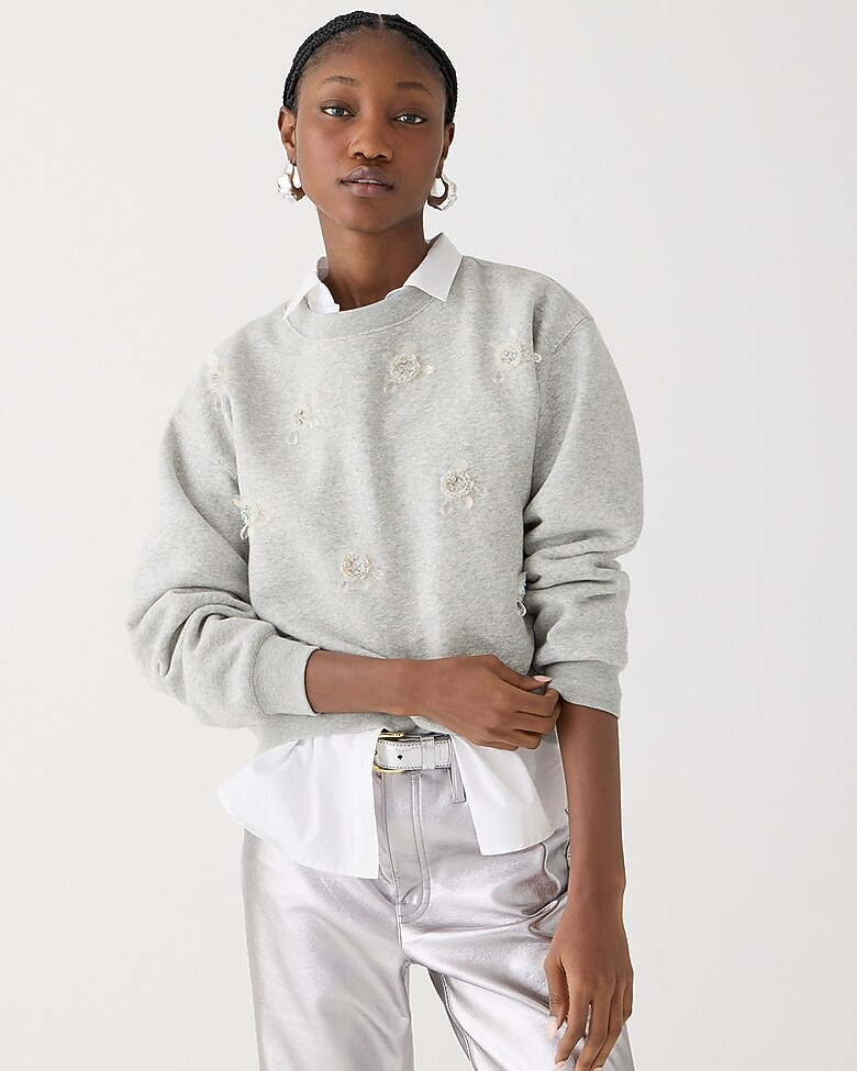 Heritage fleece crewneck sweatshirt with sequin flower | J. Crew US