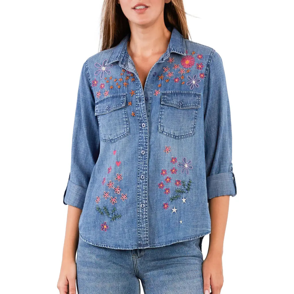 Billy T Floral Crush Embroidered Denim Shirt at Nordstrom, Size X-Small | Nordstrom