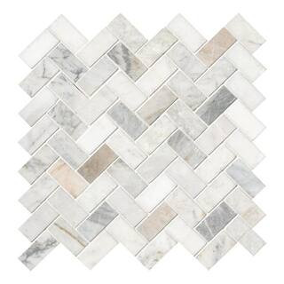 Arabescato Venato White 12x12x0.38 in. Honed Mosaic Marble Herringbone Stone Texture Floor Tile(9.40 sq.ft./Case) | The Home Depot