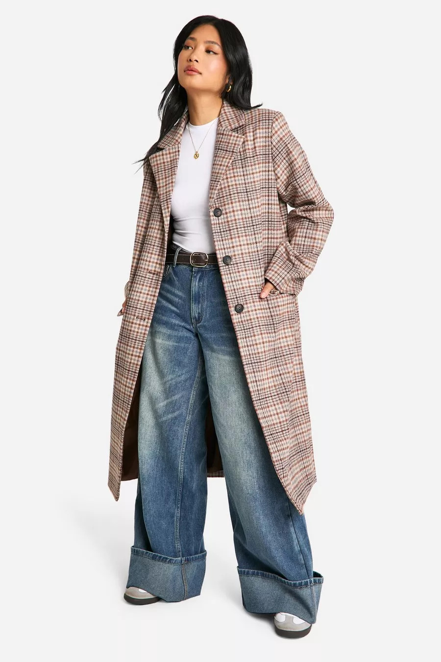 Petite Check Wool Look Longline Coat | boohoo (US & Canada)