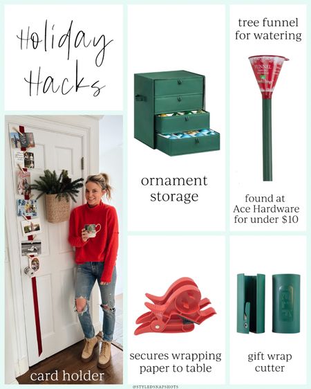 5 holiday hacks 
1. Christmas card holder - secured long red ribbon to door with a command strip on back of door and clothes pins to attach cards 
2. Ornament storage - 64 spaces 
3. Tree funnel to water 🎄found at ace hardware for under $10
4. Elf cutter - quickly cut gift wrap 
5. Wrap buddy - secures gift wrap to table & doubles as tape dispenser 

#LTKHoliday #LTKhome #LTKunder50
