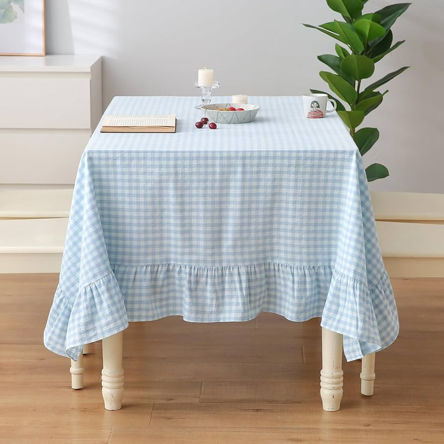 Light Blue White Plaid Gingham Ruffled Table Cloth Rectangular for Seat 8-10, 100% Washed Cotton ... | Amazon (US)