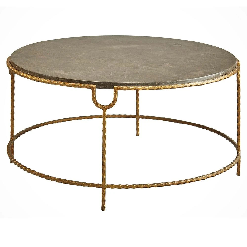 Eriss Modern Clasic Grey Stone Top Gold Metal Frame Round Coffee Table | Kathy Kuo Home