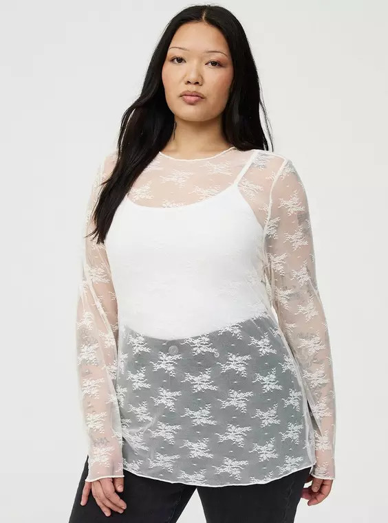 Sheer Lace Crew Neck Long Sleeve Top in Purple | Torrid (US & Canada)