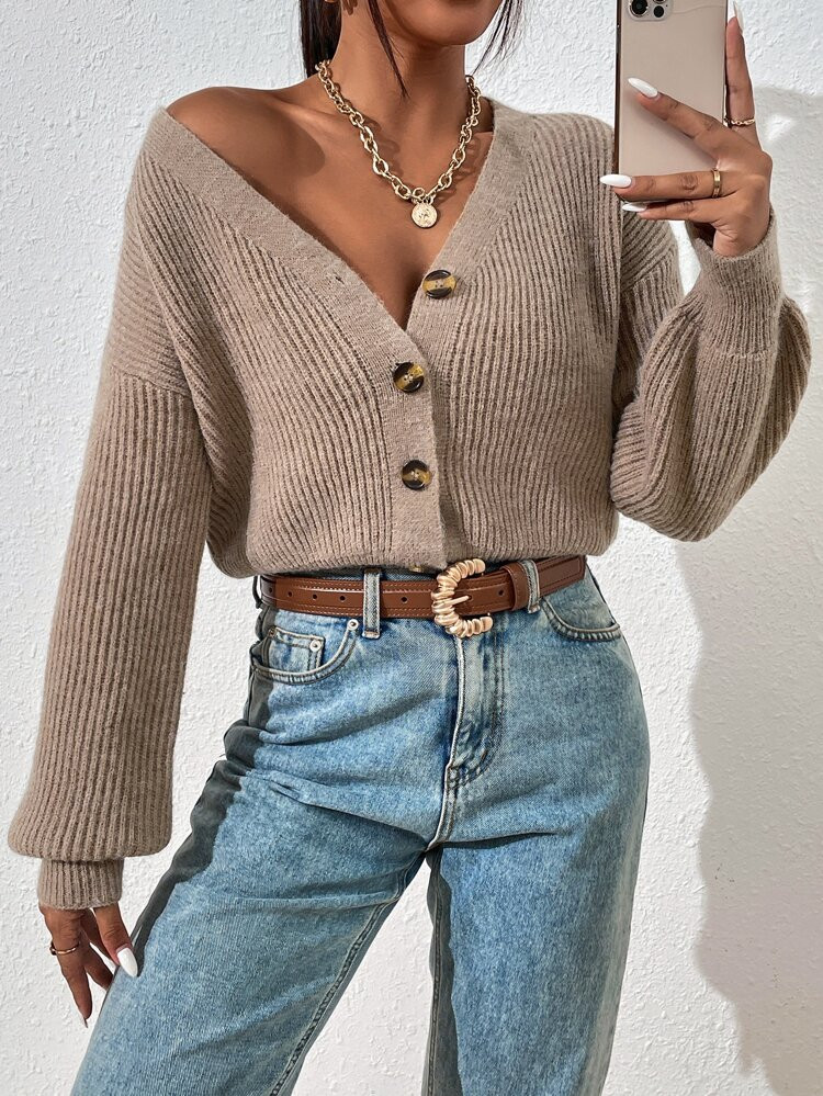 Drop Shoulder Ribbed Knit Cardigan | SHEIN