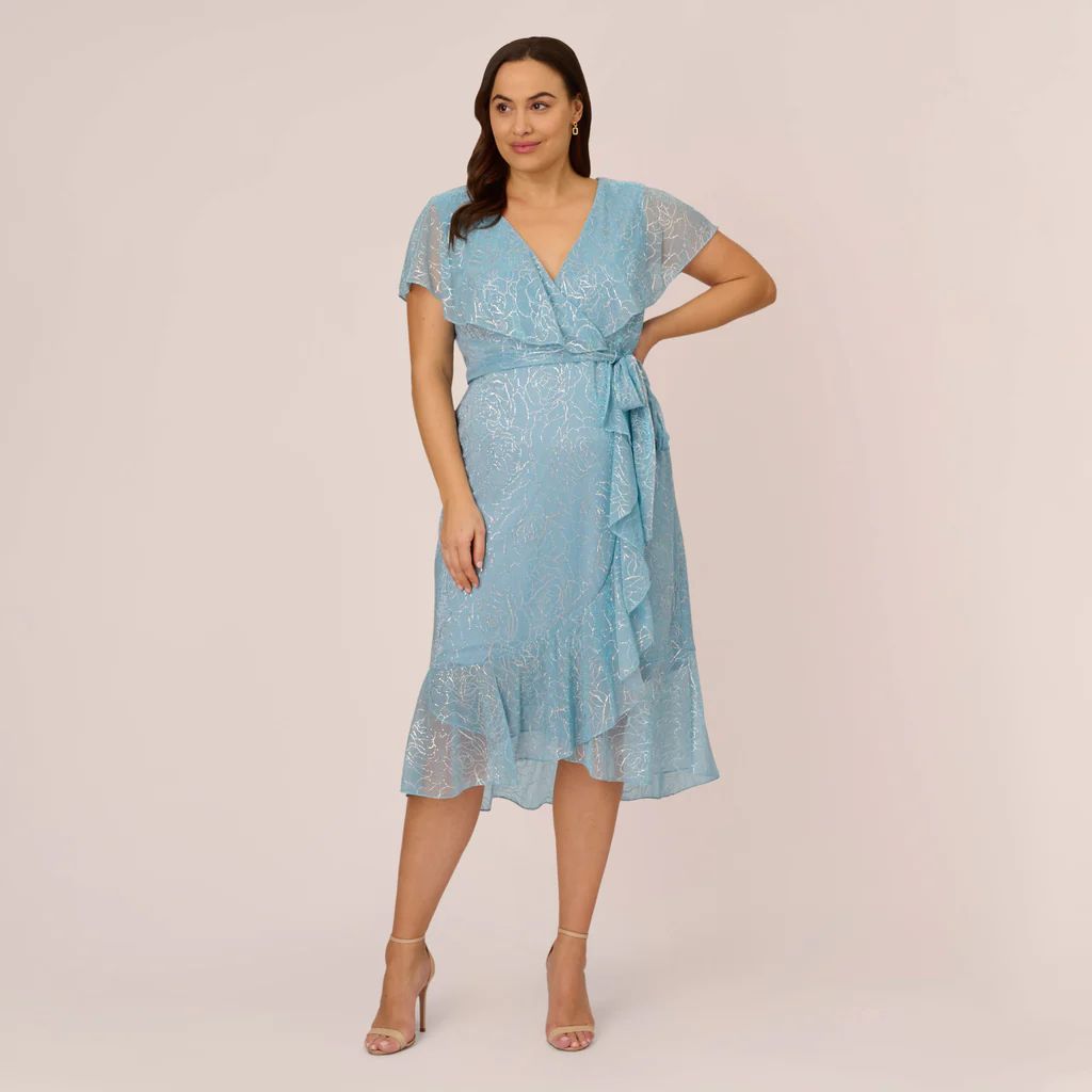 Plus Size Floral Metallic Stencil Midi-Length Mermaid Dress With Capelet In Light Blue | Adrianna Papell