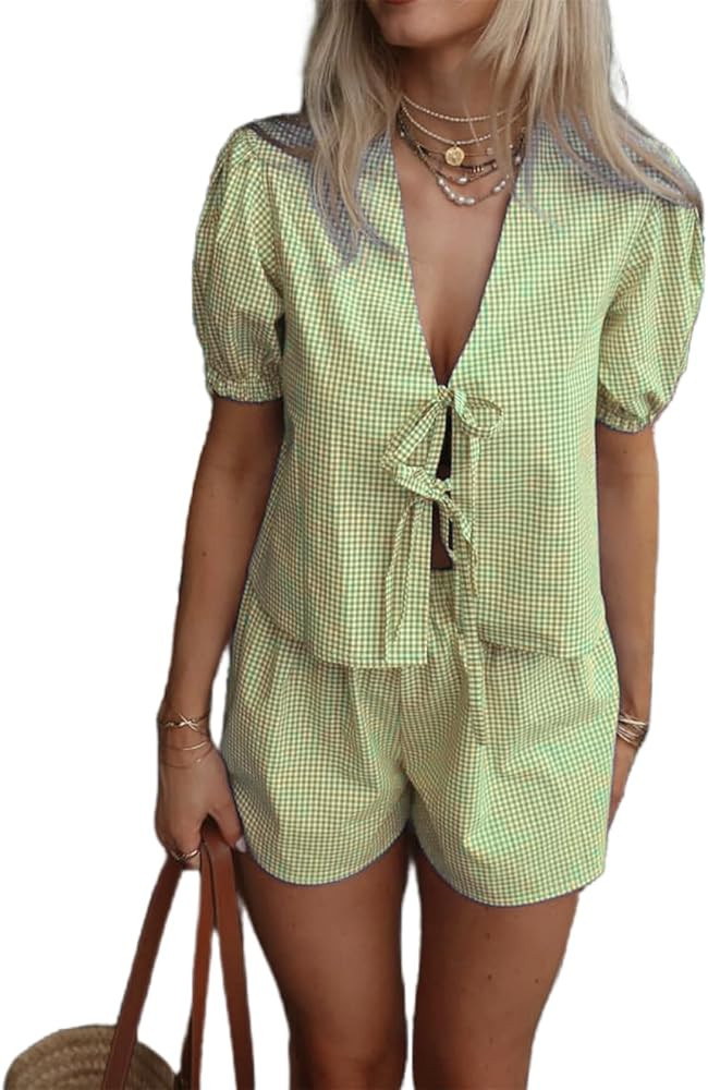Yuemengxuan Women Y2k Peplum Shirt Shorts Set Two Piece Lounge Set Pajamas Sets Puff Sleeve Tie F... | Amazon (US)