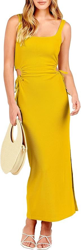 ANRABESS Women's Summer Sleeveless Scoop Neck Fitted Tank Dress Cutout Bodycon Ruched Slit Maxi D... | Amazon (US)