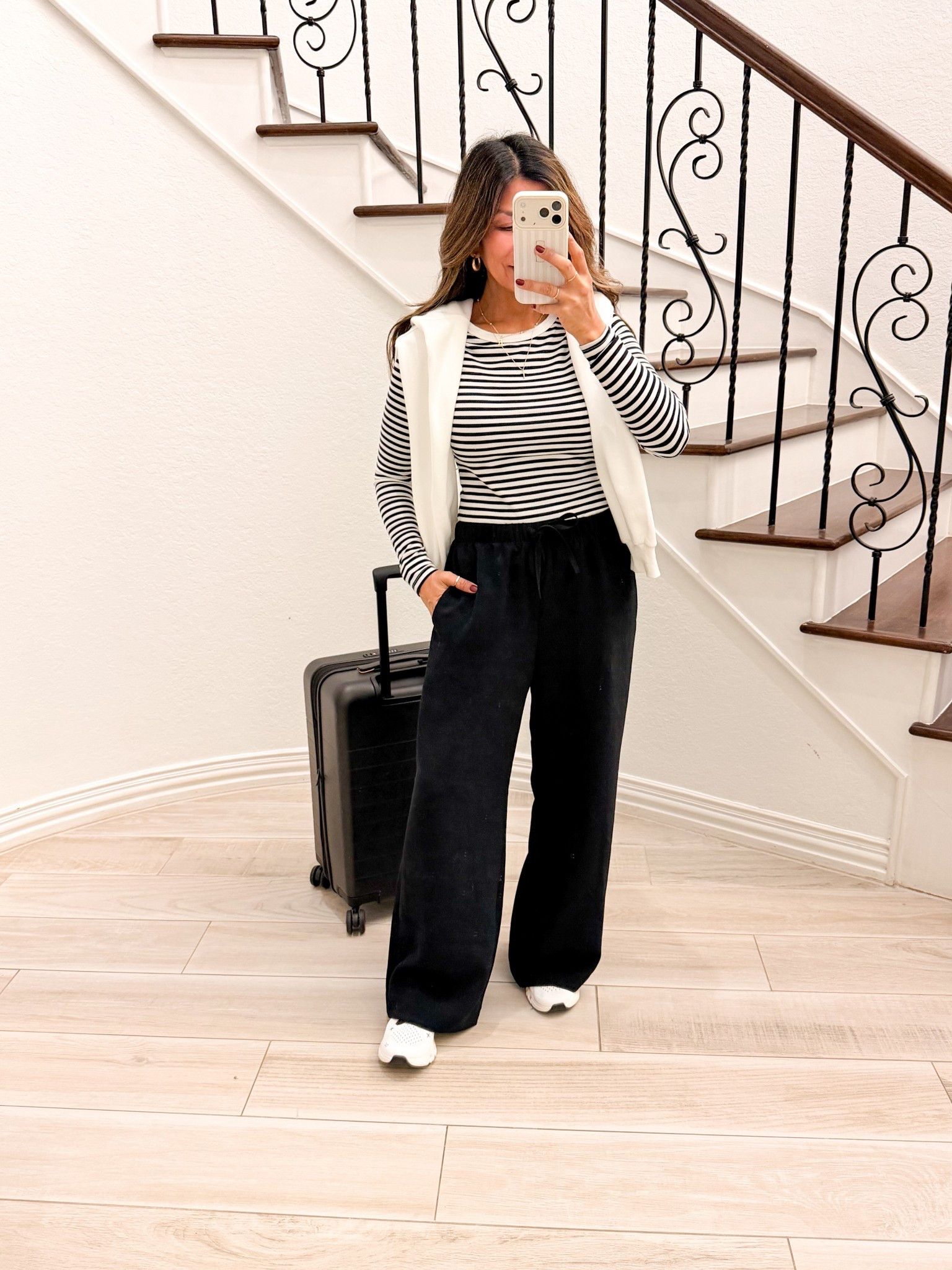I’m 5’2” 118#ish for reference 
Trouser pants in small short length(sooo good).
Top in small.
Shoes tts, color Ivory and Black).
Carry-on luggage in regular carry-on size(love it!!)
Airport outfit, travel outfit. Over 50 midlife woman 

#LTKOver40 #LTKootd #LTKTravel