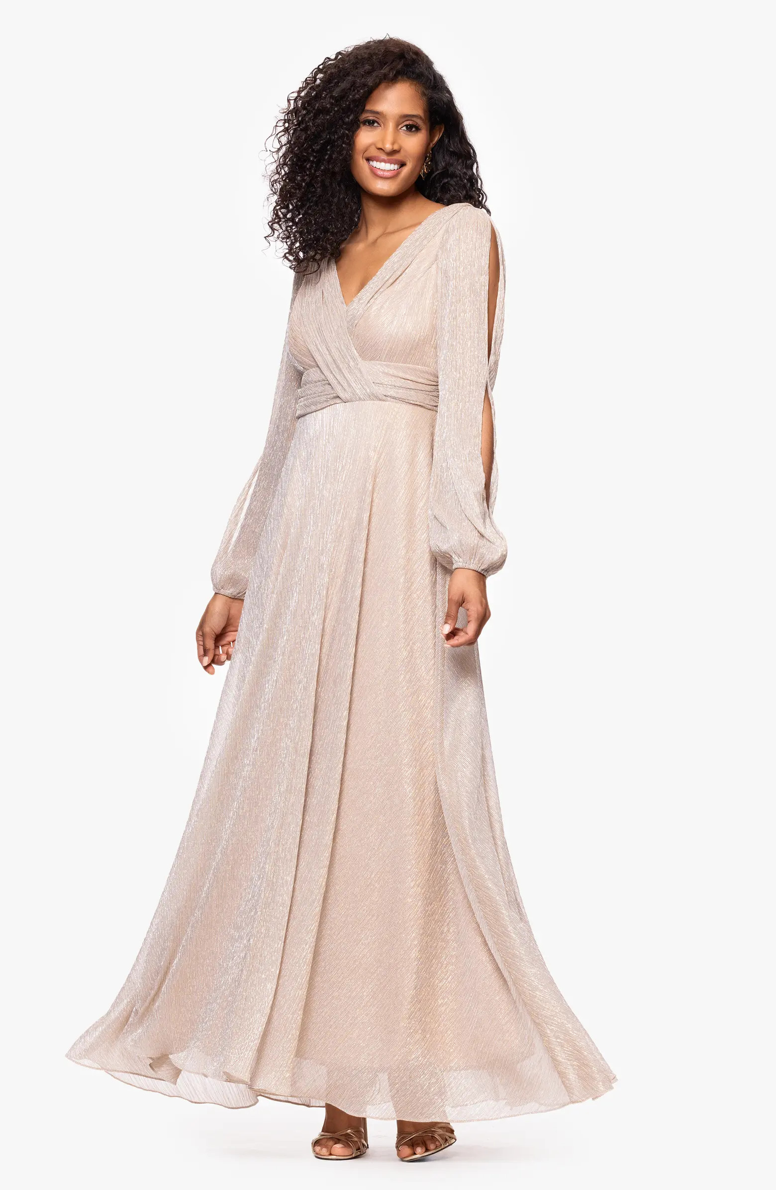 Metallic Crinkle Long Sleeve A-Line Gown | Nordstrom