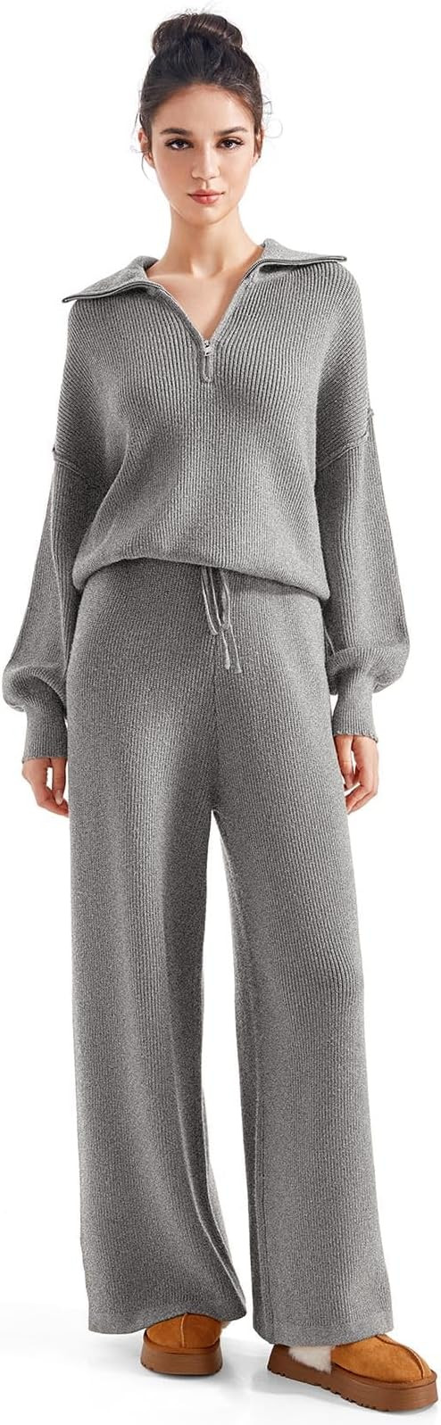 SUUKSESS Women 2 Piece Lounge Sets Oversized Quarter Zip Pullover Wide Leg Pants | Amazon (US)