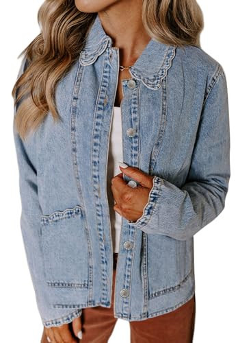 Sidefeel Women's Jean Jacket Long Sleeve Button Down Ruffled Denim Jacket Shacket Myosotis Small | Amazon (US)