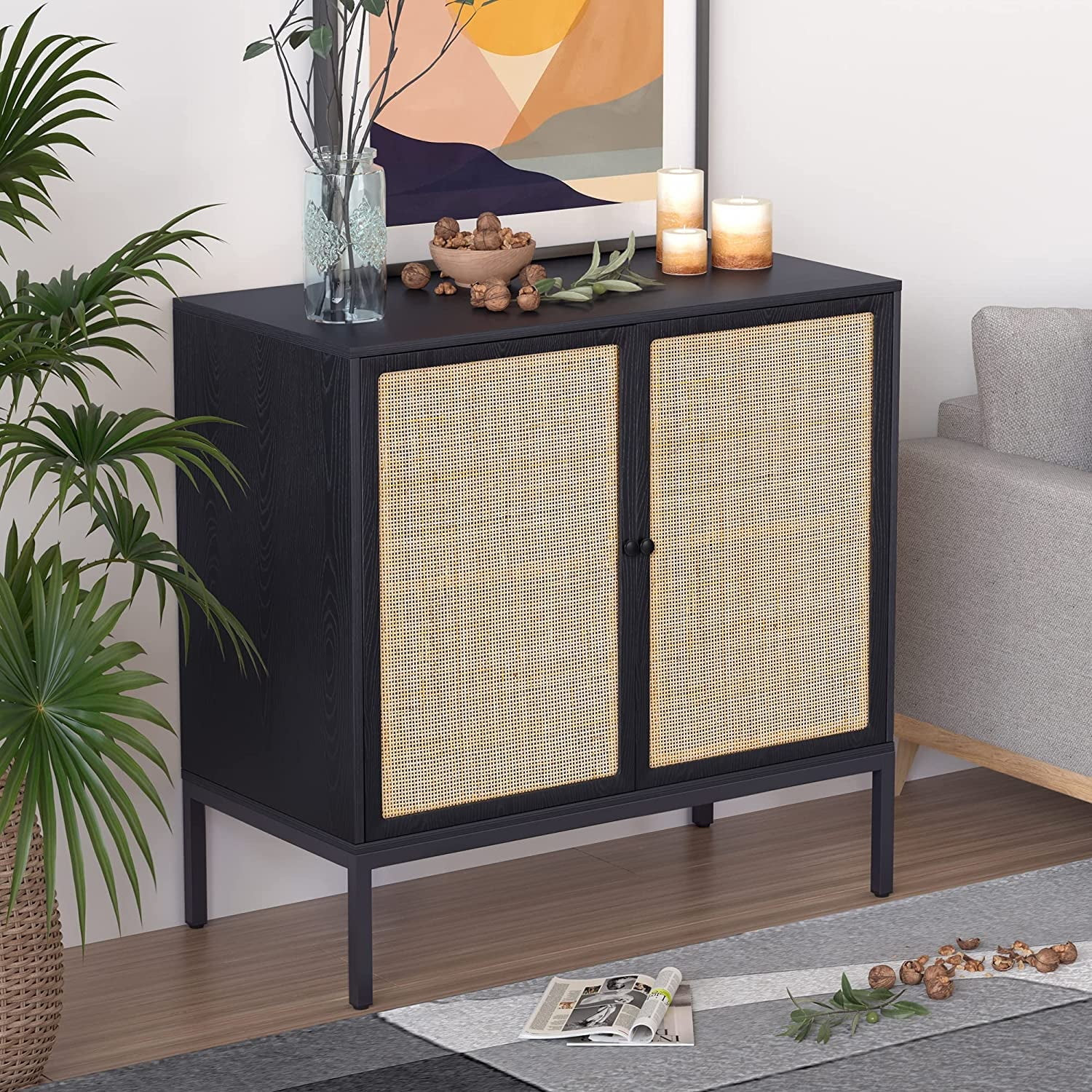 Black Boho-Style Sideboard with Handmade Natural Rattan Doors, Rattan Cabinet Console Table Stora... | Walmart (US)