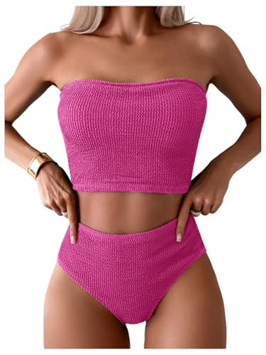 OYOANGLE Women's 2 Piece Strapless Swimsuit High Waisted Smocked Bandeau Bathing Suit | Amazon (US)