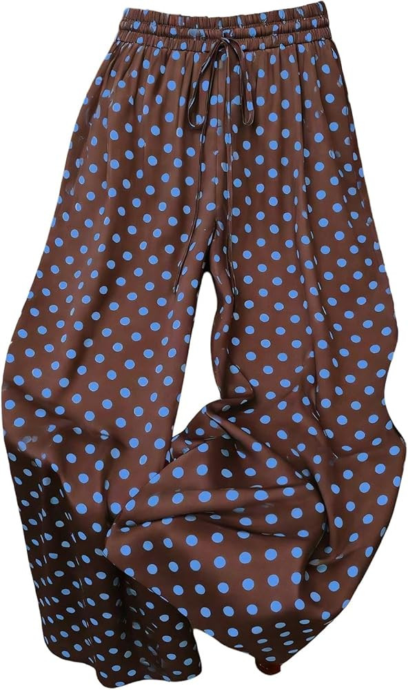 Verdusa Women's Polka Dots Satin Pants Wide Leg Pants Chic Brunch Outfits | Amazon (US)