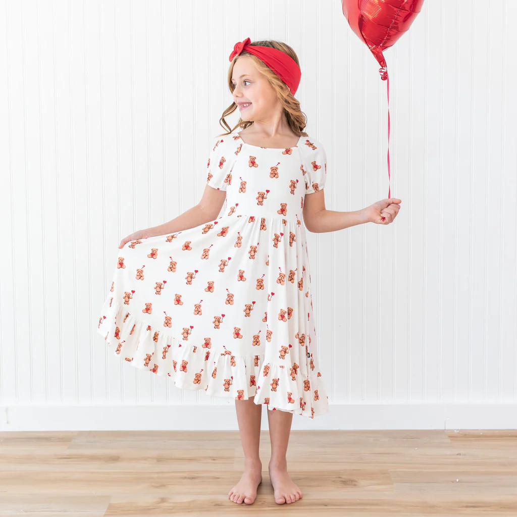 Puff Sleeve Twirl Dress in Bear Hearts | Kyte Baby