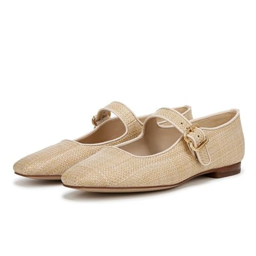 DOEYG Raffia Woven Mary Jane Ballet Flats for Women Square Toe Buckle Strap Ballerina Flats Comfortable Dress Shoes Tan Size 9.5 | Amazon (US)