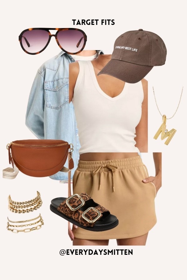 denim button down fleece skirt skort leopard sandals hat cap