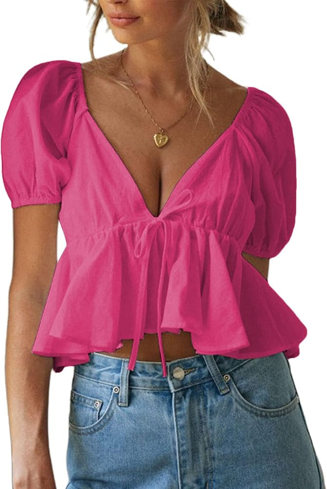 Remidoo Women's Puff Short Sleeve Tie Back V Neck Ruffle Hem Peplum Crop Tops | Amazon (US)