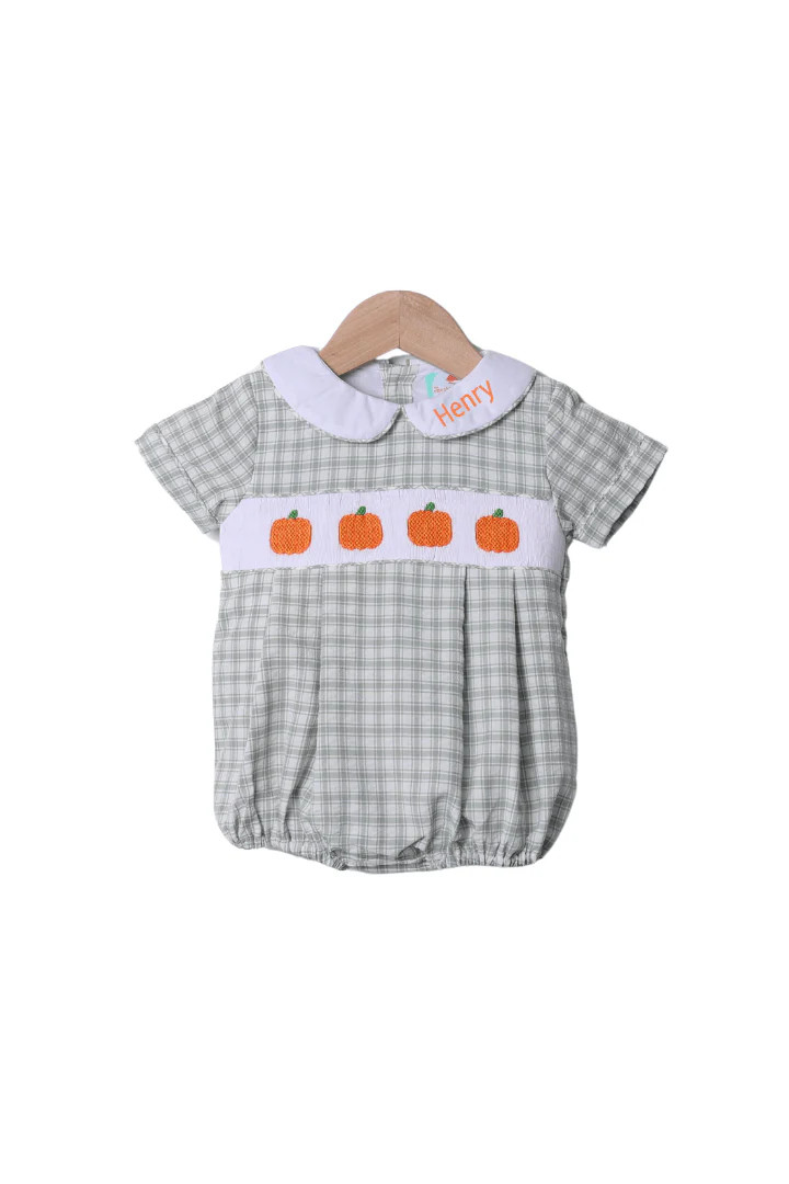 Smocked Pumpkin Sage Green Windowpane Pumpkin Bubble | The Smocked Flamingo
